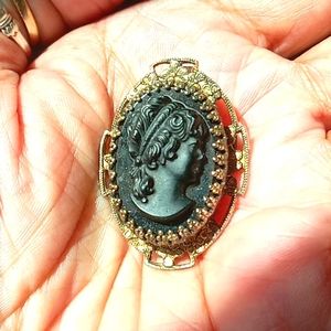 Cameo Pin/ Pendant Black, Goldtone Floral Filigree, Vintage